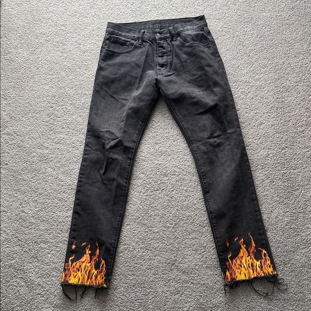 MNML Black Straight Jeans with Flame Hem Detail